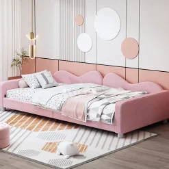 Lit enfant 90x200 cm - Lit rembourré avec cadre canapé-lit en peluche doux - MDF + Velours + Métal - Sans matelas - Rose