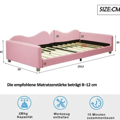 Lit enfant 90x200 cm - Lit rembourré avec cadre canapé-lit en peluche doux - MDF + Velours + Métal - Sans matelas - Rose