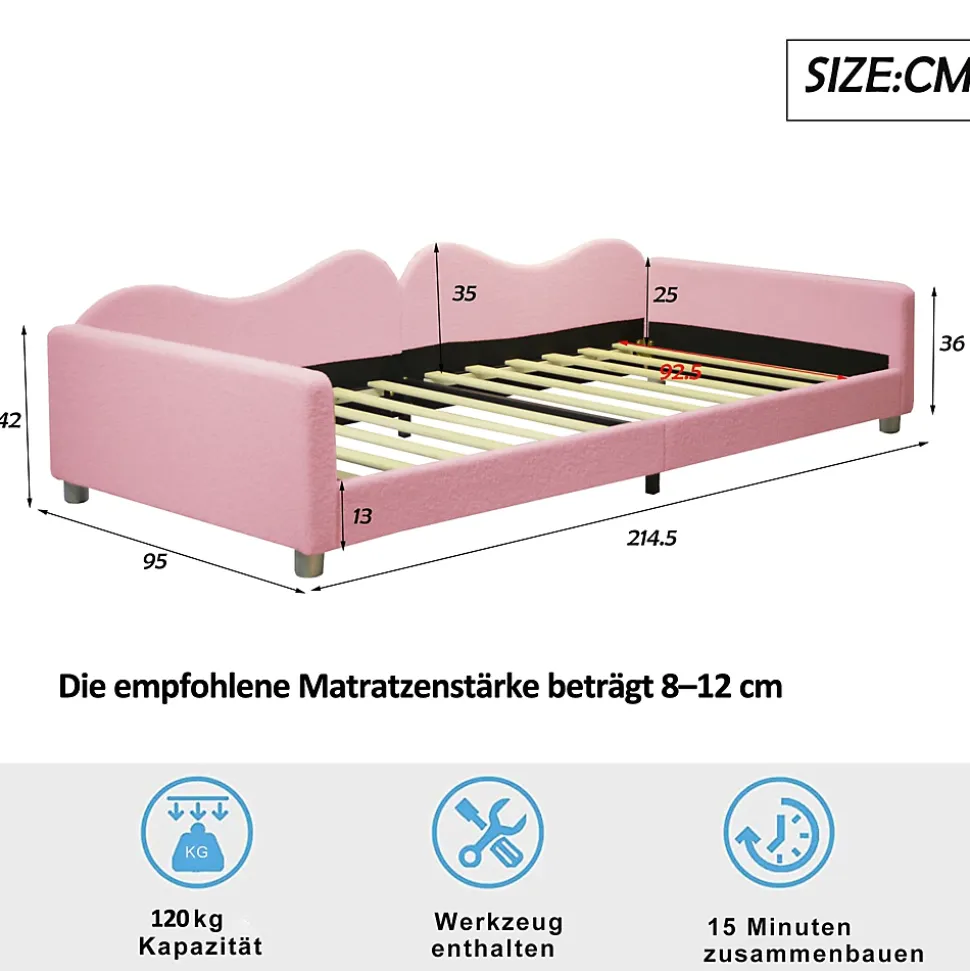 Lit enfant 90x200 cm - Lit rembourré avec cadre canapé-lit en peluche doux - MDF + Velours + Métal - Sans matelas - Rose