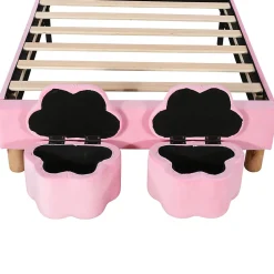 Lit enfant 90x200 cm - Lit simple capitonné jeunesse avec 2 tabourets de rangement et éclairage LED - Velours - Rose