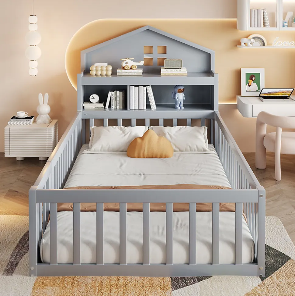 Lit enfant 90x200 cm - Lit simple avec rangement et cadre maison en bois massif avec protection contre chute - Sans matelas - Gris