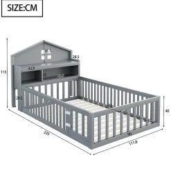 Lit enfant 90x200 cm - Lit simple avec rangement et cadre maison en bois massif avec protection contre chute - Sans matelas - Gris