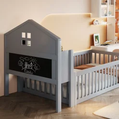 Lit enfant 90x200 cm - Lit simple avec rangement et cadre maison en bois massif avec protection contre chute - Sans matelas - Gris