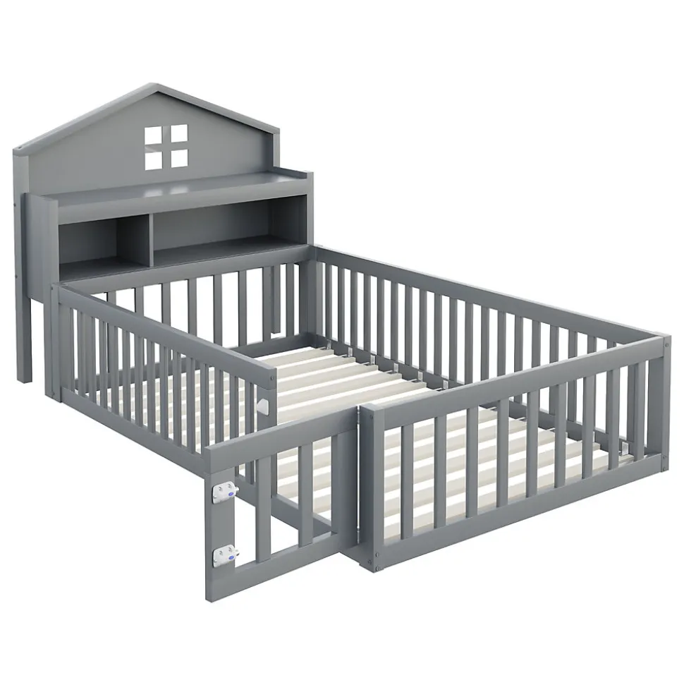 Lit enfant 90x200 cm - Lit simple avec rangement et cadre maison en bois massif avec protection contre chute - Sans matelas - Gris