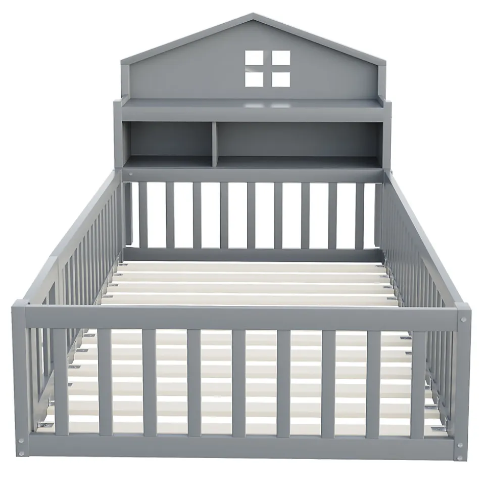 Lit enfant 90x200 cm - Lit simple avec rangement et cadre maison en bois massif avec protection contre chute - Sans matelas - Gris