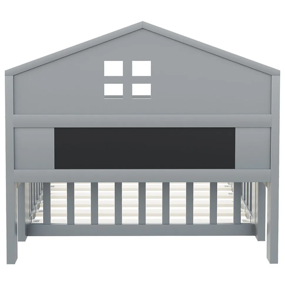 Lit enfant 90x200 cm - Lit simple avec rangement et cadre maison en bois massif avec protection contre chute - Sans matelas - Gris