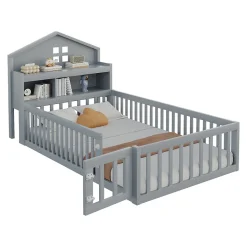 Lit enfant 90x200 cm - Lit simple avec rangement et cadre maison en bois massif avec protection contre chute - Sans matelas - Gris
