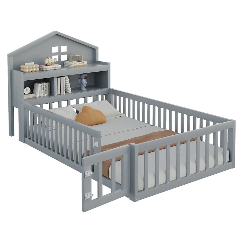 Lit enfant 90x200 cm - Lit simple avec rangement et cadre maison en bois massif avec protection contre chute - Sans matelas - Gris
