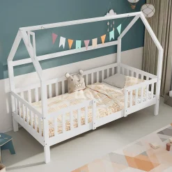 Lit Enfant 90x200 cm - Lit Simple Design Cheminée pour Petit Espace - Sans Matelas - Bois de Pin Blanc