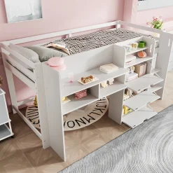 Lit enfant 90x200 cm - Lit simple Mi-Hauteur avec Cabane et Multiples Espaces de Rangement Pratiques - Bois Pin MDF - Blanc