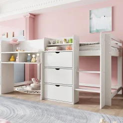 Lit enfant 90x200 cm - Lit simple Mi-Hauteur avec Cabane et Multiples Espaces de Rangement Pratiques - Bois Pin MDF - Blanc