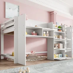 Lit enfant 90x200 cm - Lit simple Mi-Hauteur avec Cabane et Multiples Espaces de Rangement Pratiques - Bois Pin MDF - Blanc