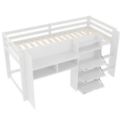 Lit enfant 90x200 cm - Lit simple Mi-Hauteur avec Cabane et Multiples Espaces de Rangement Pratiques - Bois Pin MDF - Blanc