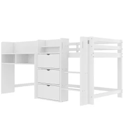 Lit enfant 90x200 cm - Lit simple Mi-Hauteur avec Cabane et Multiples Espaces de Rangement Pratiques - Bois Pin MDF - Blanc