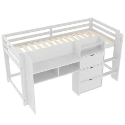 Lit enfant 90x200 cm - Lit simple Mi-Hauteur avec Cabane et Multiples Espaces de Rangement Pratiques - Bois Pin MDF - Blanc