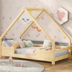 Lit Enfant 90x200 cm - Lit Simple Forme Maison avec Barrières de Sécurité - Sans Matelas - Bois Massif Naturel