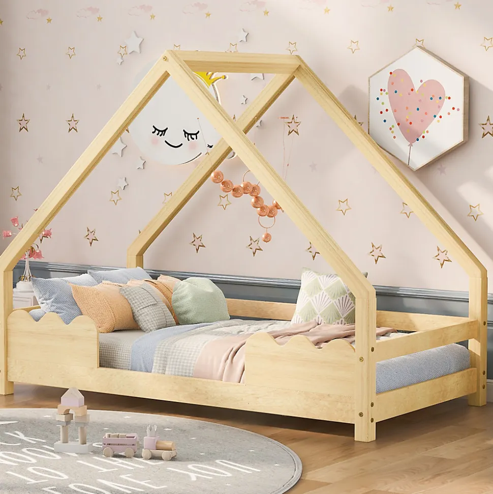 Lit Enfant 90x200 cm - Lit Simple Forme Maison avec Barrières de Sécurité - Sans Matelas - Bois Massif Naturel