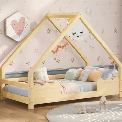 Lit Enfant 90x200 cm - Lit Simple Forme Maison avec Barrières de Sécurité - Sans Matelas - Bois Massif Naturel