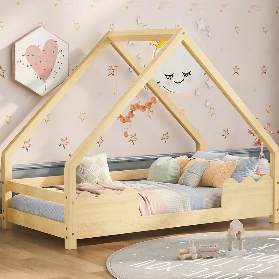 Lit Enfant 90x200 cm - Lit Simple Forme Maison avec Barrières de Sécurité - Sans Matelas - Bois Massif Naturel
