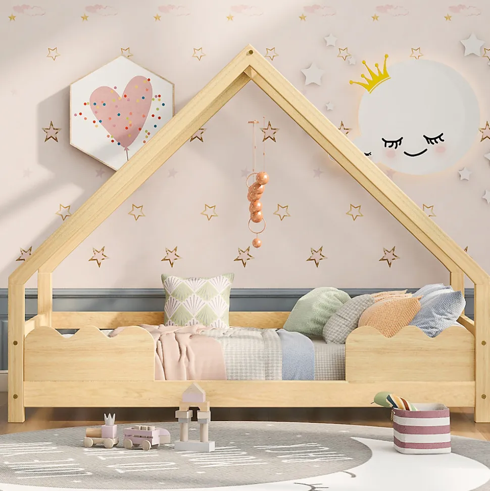 Lit Enfant 90x200 cm - Lit Simple Forme Maison avec Barrières de Sécurité - Sans Matelas - Bois Massif Naturel