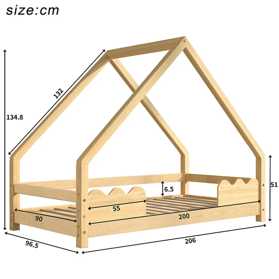 Lit Enfant 90x200 cm - Lit Simple Forme Maison avec Barrières de Sécurité - Sans Matelas - Bois Massif Naturel