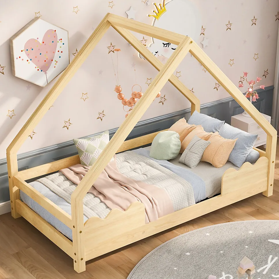Lit Enfant 90x200 cm - Lit Simple Forme Maison avec Barrières de Sécurité - Sans Matelas - Bois Massif Naturel