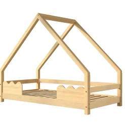 Lit Enfant 90x200 cm - Lit Simple Forme Maison avec Barrières de Sécurité - Sans Matelas - Bois Massif Naturel