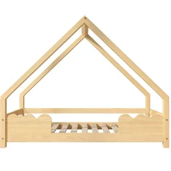 Lit Enfant 90x200 cm - Lit Simple Forme Maison avec Barrières de Sécurité - Sans Matelas - Bois Massif Naturel