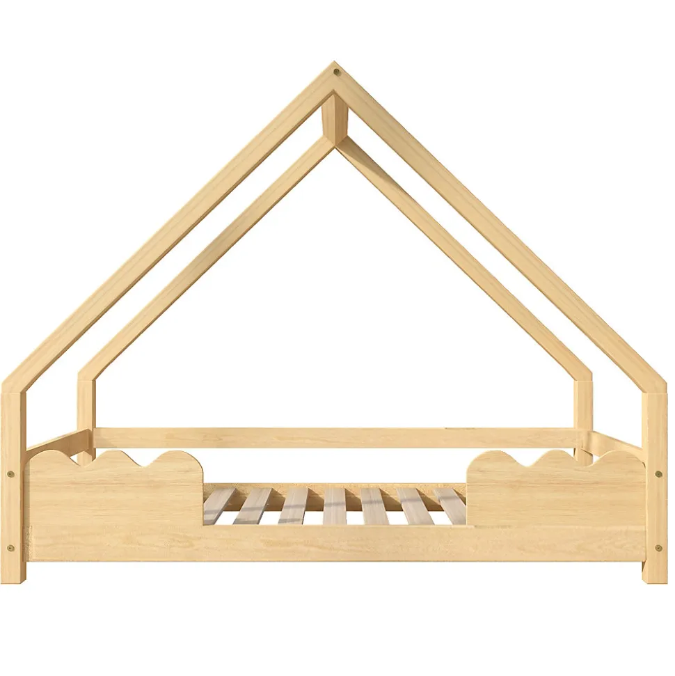 Lit Enfant 90x200 cm - Lit Simple Forme Maison avec Barrières de Sécurité - Sans Matelas - Bois Massif Naturel