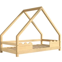 Lit Enfant 90x200 cm - Lit Simple Forme Maison avec Barrières de Sécurité - Sans Matelas - Bois Massif Naturel