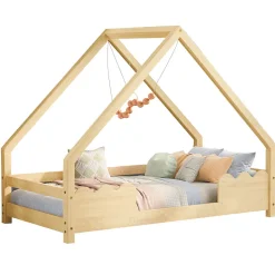 Lit Enfant 90x200 cm - Lit Simple Forme Maison avec Barrières de Sécurité - Sans Matelas - Bois Massif Naturel