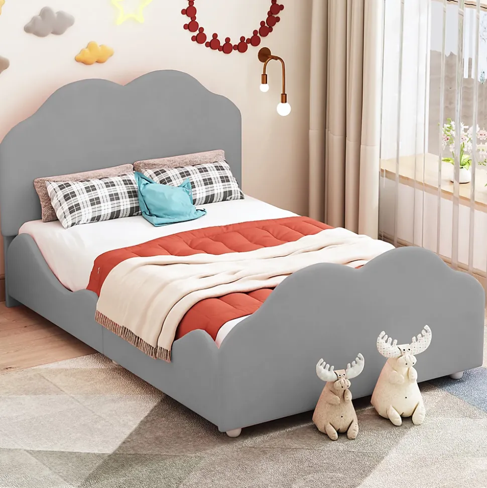Lit enfant 90x200 cm - Lit Simple Capitonné avec Tête et Pied de Lit en Forme de Nuage, Velours Doux, Sans Matelas - Gris