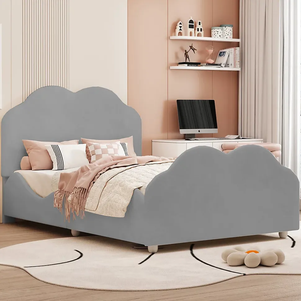 Lit enfant 90x200 cm - Lit Simple Capitonné avec Tête et Pied de Lit en Forme de Nuage, Velours Doux, Sans Matelas - Gris