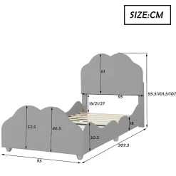 Lit enfant 90x200 cm - Lit Simple Capitonné avec Tête et Pied de Lit en Forme de Nuage, Velours Doux, Sans Matelas - Gris