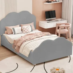Lit enfant 90x200 cm - Lit Simple Capitonné avec Tête et Pied de Lit en Forme de Nuage, Velours Doux, Sans Matelas - Gris