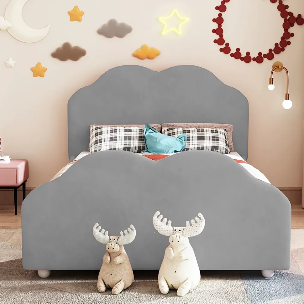 Lit enfant 90x200 cm - Lit Simple Capitonné avec Tête et Pied de Lit en Forme de Nuage, Velours Doux, Sans Matelas - Gris