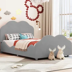Lit enfant 90x200 cm - Lit Simple Capitonné avec Tête et Pied de Lit en Forme de Nuage, Velours Doux, Sans Matelas - Gris