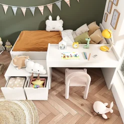 Lit enfant 90x200 cm - Lit simple avec bureau intégré et tiroirs de rangement - Bois massif, pin et MDF - Blanc - Sans matelas