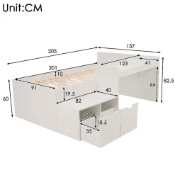 Lit enfant 90x200 cm - Lit simple avec bureau intégré et tiroirs de rangement - Bois massif, pin et MDF - Blanc - Sans matelas