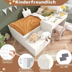 Lit enfant 90x200 cm - Lit simple avec bureau intégré et tiroirs de rangement - Bois massif, pin et MDF - Blanc - Sans matelas