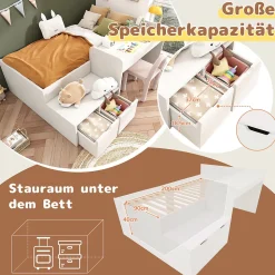 Lit enfant 90x200 cm - Lit simple avec bureau intégré et tiroirs de rangement - Bois massif, pin et MDF - Blanc - Sans matelas