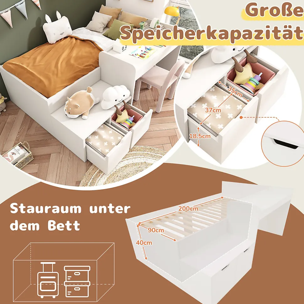 Lit enfant 90x200 cm - Lit simple avec bureau intégré et tiroirs de rangement - Bois massif, pin et MDF - Blanc - Sans matelas