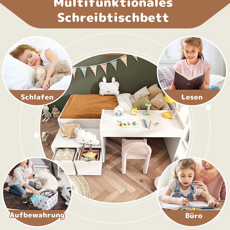 Lit enfant 90x200 cm - Lit simple avec bureau intégré et tiroirs de rangement - Bois massif, pin et MDF - Blanc - Sans matelas