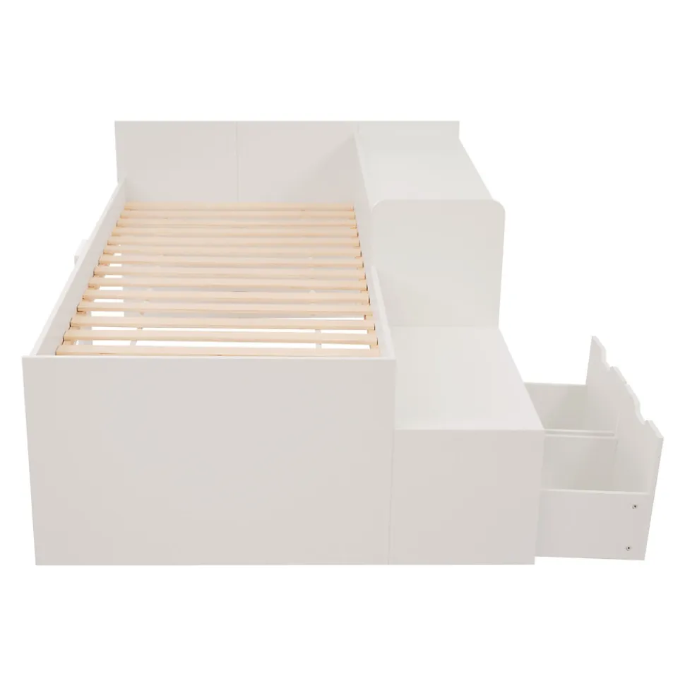 Lit enfant 90x200 cm - Lit simple avec bureau intégré et tiroirs de rangement - Bois massif, pin et MDF - Blanc - Sans matelas