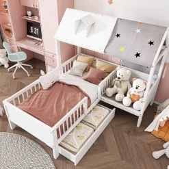 Lit Enfant 90x200 cm - Lit Simple en Bois avec Tiroir de Rangement - Blanc