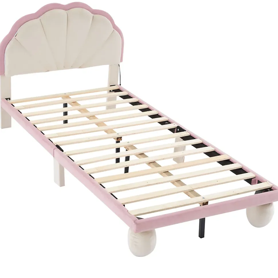 Lit enfant 90x200 cm - Lit Simple avec LED Multicolores, Pieds Ronds Capitonnés, Velours, Sans Matelas - Beige et Rose
