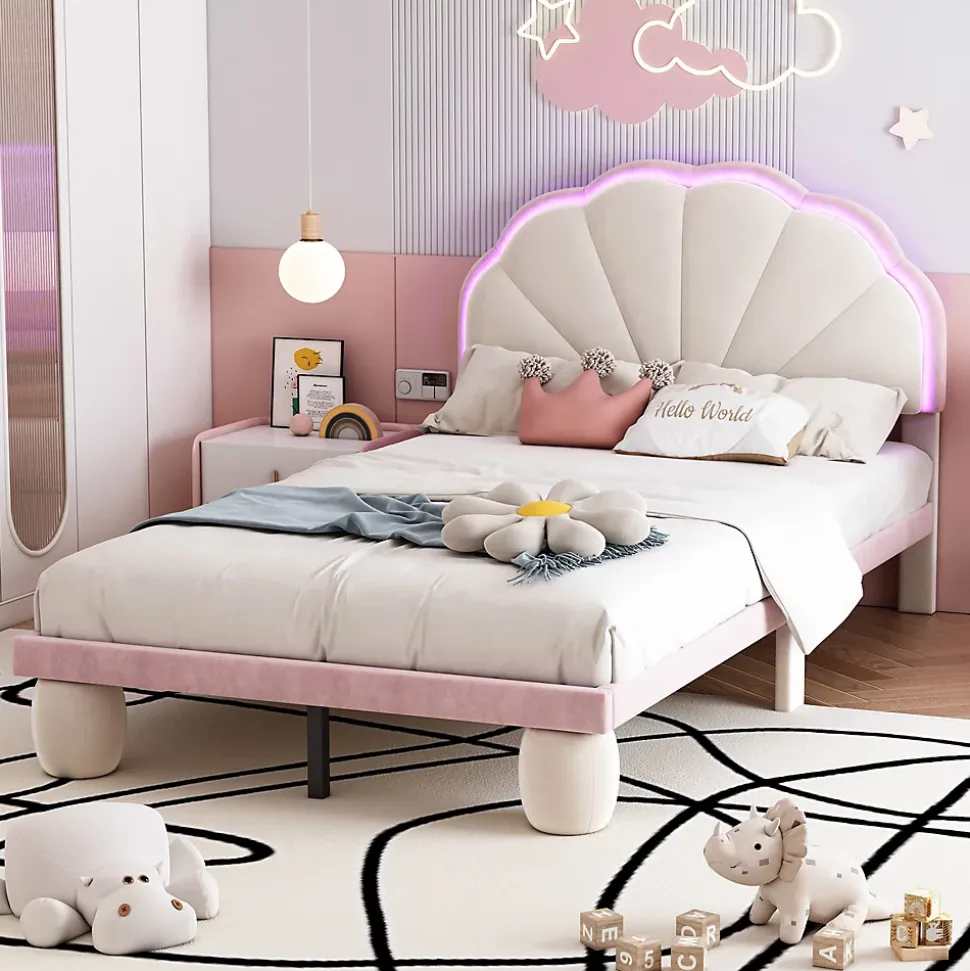 Lit enfant 90x200 cm - Lit Simple avec LED Multicolores, Pieds Ronds Capitonnés, Velours, Sans Matelas - Beige et Rose