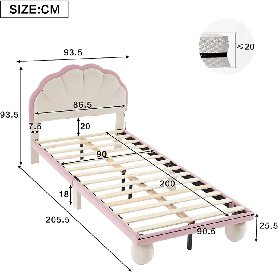 Lit enfant 90x200 cm - Lit Simple avec LED Multicolores, Pieds Ronds Capitonnés, Velours, Sans Matelas - Beige et Rose