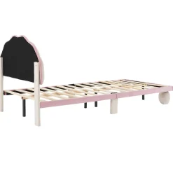 Lit enfant 90x200 cm - Lit Simple avec LED Multicolores, Pieds Ronds Capitonnés, Velours, Sans Matelas - Beige et Rose