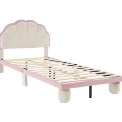 Lit enfant 90x200 cm - Lit Simple avec LED Multicolores, Pieds Ronds Capitonnés, Velours, Sans Matelas - Beige et Rose